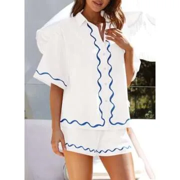 PRETTYGARDEN Women's Casual 2 Piece Outfits Summer Button Down Shirts Tops and Lounge Shorts Pajama Sets (White,Medium)