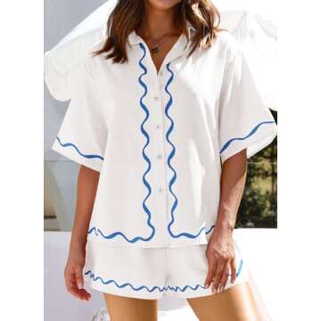 PRETTYGARDEN Women's Casual 2 Piece Outfits Summer Button Down Shirts Tops and Lounge Shorts Pajama Sets (White,Medium)