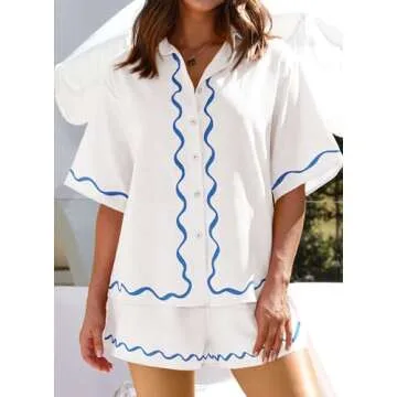 PRETTYGARDEN Women's Casual 2 Piece Outfits Summer Button Down Shirts Tops and Lounge Shorts Pajama Sets (White,Medium)