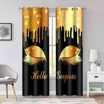 BSPPTI Hello Gorgeous Unicorn Eyelash Print Curtain, (No Glitter No Sequin) Black and Gold Room Dark...