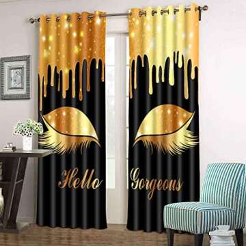 BSPPTI Hello Gorgeous Unicorn Eyelash Print Curtain, (No Glitter No Sequin) Black and Gold Room Darkening Thermal Insulated Window Treatments for Living, Bedroom, 42"x 84", 2 Panels, CLLSSP1341