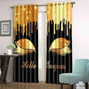BSPPTI Hello Gorgeous Unicorn Eyelash Print Curtain, (No Glitter No Sequin) Black and Gold Room Darkening Thermal Insulated Window Treatments for Living, Bedroom, 42"x 84", 2 Panels, CLLSSP1341