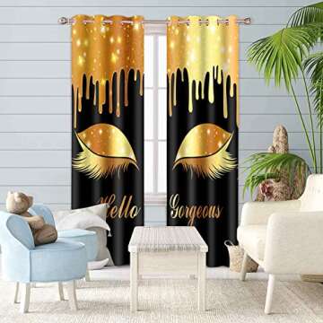 BSPPTI Hello Gorgeous Unicorn Eyelash Print Curtain, (No Glitter No Sequin) Black and Gold Room Darkening Thermal Insulated Window Treatments for Living, Bedroom, 42"x 84", 2 Panels, CLLSSP1341