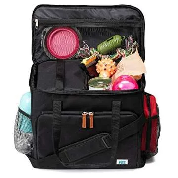 Unique Dog Travel Bag - Dog Traveling Luggage Set for Dogs Accessories - Include Pet First Aid Bag with Case Tags, Elevated Bowl Stand, 2X Food Storage Containers, 2X Dog Stainless Steel Bowls.