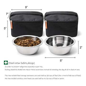 Unique Dog Travel Bag - Dog Traveling Luggage Set for Dogs Accessories - Include Pet First Aid Bag with Case Tags, Elevated Bowl Stand, 2X Food Storage Containers, 2X Dog Stainless Steel Bowls.