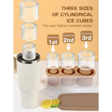 Ice Cube Tray for Tumbler Cup 30Oz-40Oz, 3 Pcs Silicone Cylinder Ice Mold with Lid and Bin for Freezer, Easy Fill and Release Ice Maker for Whiskey, Cocktail BPA-Free