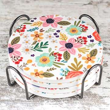 Greenline Goods Floral Coasters Ceramic - (Set of 4) Unique Boho Home Decor - Modern Boho Themed - C...