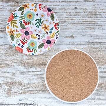 Greenline Goods Floral Coasters Ceramic - (Set of 4) Unique Boho Home Decor - Modern Boho Themed - Colored 4 Inch Diameter Light Flower Coaster with Metal Stand