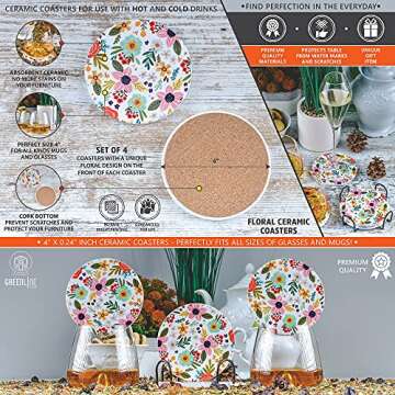 Greenline Goods Floral Coasters Ceramic - (Set of 4) Unique Boho Home Decor - Modern Boho Themed - Colored 4 Inch Diameter Light Flower Coaster with Metal Stand