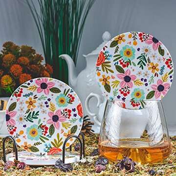 Greenline Goods Floral Coasters Ceramic - (Set of 4) Unique Boho Home Decor - Modern Boho Themed - Colored 4 Inch Diameter Light Flower Coaster with Metal Stand