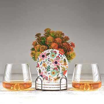 Greenline Goods Floral Coasters Ceramic - (Set of 4) Unique Boho Home Decor - Modern Boho Themed - Colored 4 Inch Diameter Light Flower Coaster with Metal Stand