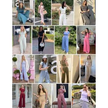 Ekouaer Women's 2 Piece Lounge Sets Short Sleeve Pajama Set Ribbed Knit Crop Top Wide Leg Pants Loungewear,Army Green,M