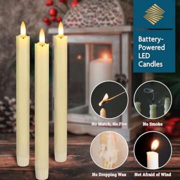 SEHNSY Flameless Taper Candles with Remote, Real Wax Battery Operated LED Candles Set with 3D Flickering Flame, 9.6" Realistic Dripless Candlesticks for Wedding Home Decor, 3 Pack Ivory