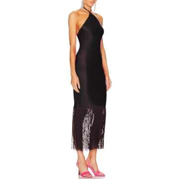Elegant JLCNCUE Halter Neck Bodycon Midi Dress with Fringe Hem for Parties