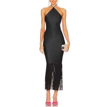 JLCNCUE Women Halter Neck Bodycon Midi Dress Fringe