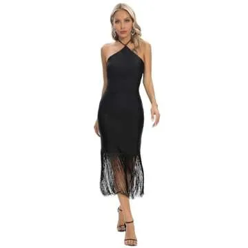 JLCNCUE Women Halter Neck Bodycon Midi Dress Fringe