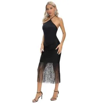 JLCNCUE Women Halter Neck Bodycon Midi Dress Fringe