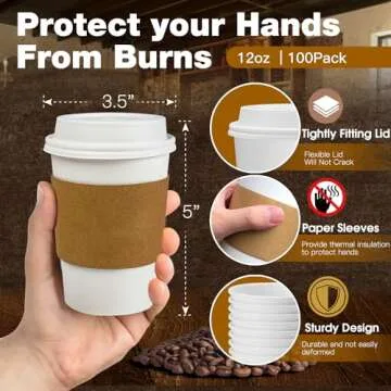 Ginkgo 100 Pack Leak-Proof 12 oz Coffee Cups with Lids