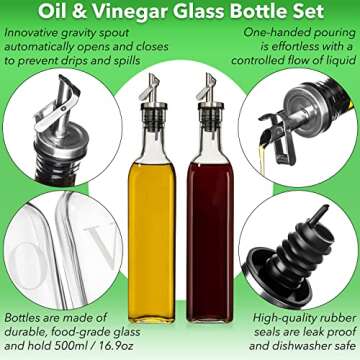 GREENOLIVE Olive Oil and Vinegar Dispenser Set - 17 oz. No Drip BPA Free Spouts, Ideal for Kitchen U...