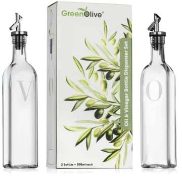 GREENOLIVE Olive Oil and Vinegar Dispenser Set - 17 oz. No Drip BPA Free Spouts, Ideal for Kitchen Use- Glass Bottles with Letter O and V Identifiers - Set of 2
