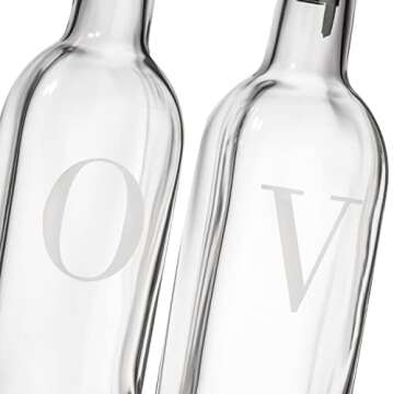 GREENOLIVE Olive Oil and Vinegar Dispenser Set - 17 oz. No Drip BPA Free Spouts, Ideal for Kitchen Use- Glass Bottles with Letter O and V Identifiers - Set of 2
