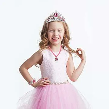 Princess Dress Up Party Accessories for Princess Costume Gloves Tiara Wand Necklace Earrings Bracelet and Ring Gift Set 9pcs (Rose, Set of 7, 9pcs)