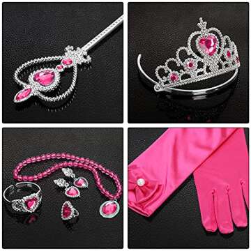 Princess Dress Up Party Accessories for Princess Costume Gloves Tiara Wand Necklace Earrings Bracelet and Ring Gift Set 9pcs (Rose, Set of 7, 9pcs)