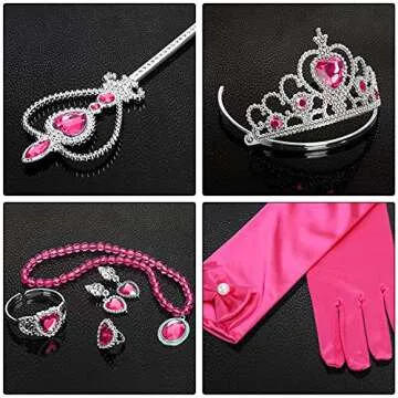 Princess Dress Up Party Accessories for Princess Costume Gloves Tiara Wand Necklace Earrings Bracelet and Ring Gift Set 9pcs (Rose, Set of 7, 9pcs)