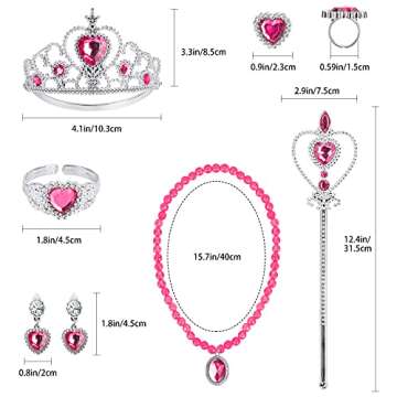 Princess Dress Up Party Accessories for Princess Costume Gloves Tiara Wand Necklace Earrings Bracelet and Ring Gift Set 9pcs (Rose, Set of 7, 9pcs)