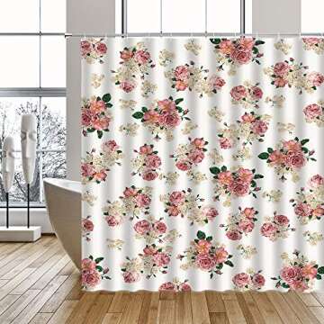 Romantic Floral Shower Curtain with Hooks - 71x71 Inches
