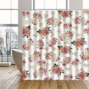 Romantic Floral Shower Curtain with Hooks - 71x71 Inches