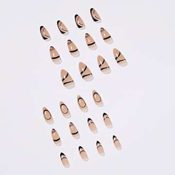 RikView Medium Press on Nails French Fake Nails Almond Acrylic Nails Clear Press on Nails with Swirls Design Black Nails