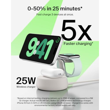 Belkin MagSafe Charger Compatible 3-in-1 Charging Station, Qi2.2 25W w/Cooling Fan (On/Off Control) ...