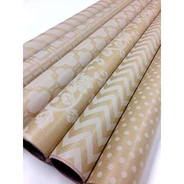 Note Card Cafe Bella Kraft All Occasion Wrapping Paper | 6 Pack | 30 x 120 inch Rolls | Kraft Brown, White | for Birthdays, Weddings, Showers, Gifts, Holidays, Christmas | Recyclable, Biodegradable