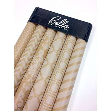Note Card Cafe Bella Kraft All Occasion Wrapping Paper | 6 Pack | 30 x 120 inch Rolls | Kraft Brown, White | for Birthdays, Weddings, Showers, Gifts, Holidays, Christmas | Recyclable, Biodegradable