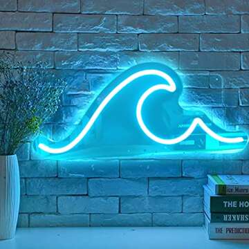 Ajoyferris Wave Neon Sign For Wall Decor Dimmable Led Neon Wave Sign Night Lights Led Wave Sign Ocean Neon Sign for Living Room Bedroom Office Bar Party Christmas Gift(16.5x7inch, Ice Blue)