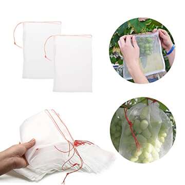 QOONESTL 50 Pack Fruit Protection Bags, 8"x12" Garden Netting Bags Fruit Tree Bags Reusable Nylon Mesh Barrier Bag with Drawstrings for Fruits