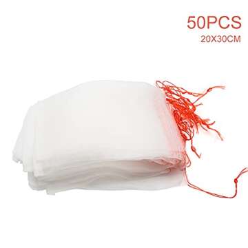 QOONESTL 50 Pack Fruit Protection Bags, 8"x12" Garden Netting Bags Fruit Tree Bags Reusable Nylon Mesh Barrier Bag with Drawstrings for Fruits