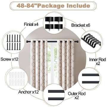 OLV Black Curtain Rods for Window 48-84 inch, Adjustable Single Window Rods With End Cap Design Finials,1 inch Diameter,Matte Black,Set of 2