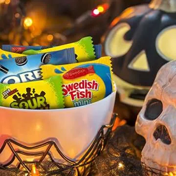 SOUR PATCH KIDS, OREO Mini Chocolate Sandwich Cookies & SWEDISH FISH Mini Halloween Candy Variety Pack, Bulk Candy, 65 Trick or Treat Bags