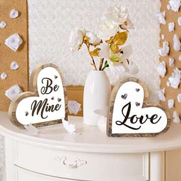 Valentine's Day Wooden Table Sign Rustic Wood Love Sign Heart Shape Be Mine Decor Romantic Table Centerpiece Decorative Wedding Table Decoration for Home Anniversary Party (Classic Style)