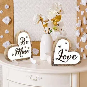Valentine's Day Wooden Table Sign Rustic Wood Love Sign Heart Shape Be Mine Decor Romantic Table Centerpiece Decorative Wedding Table Decoration for Home Anniversary Party (Classic Style)