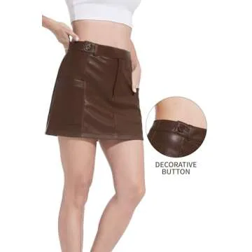 Fahsyee Women's Faux Leather Skirt, Coffee High Waisted Stretchy Zipper Mini A Line Pencil Short Plus Size S