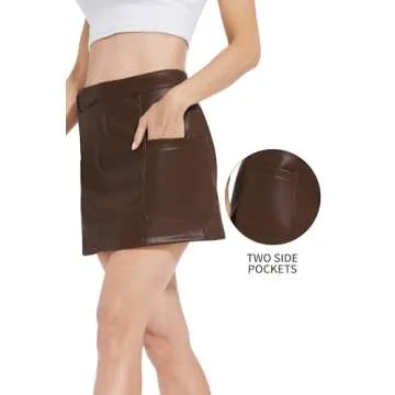 Fahsyee Women's Faux Leather Skirt, Coffee High Waisted Stretchy Zipper Mini A Line Pencil Short Plus Size S