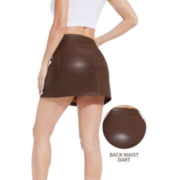 Fahsyee Women's Faux Leather Skirt, Coffee High Waisted Stretchy Zipper Mini A Line Pencil Short Plus Size S