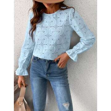 CUPSHE Women Eyelet Long Sleeve Blouse - Stylish & Elegant