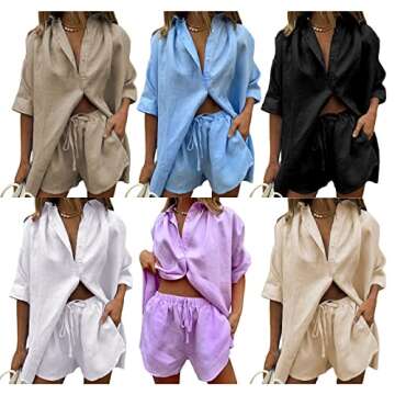 wdehow Women Casual 2 Piece Set Summer Solid Color Button-up Shirts Tops Drawstring Linen Shorts Loo...