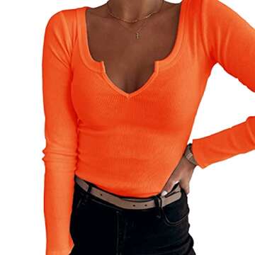 Roselux Women V Neck Ribbed Long Sleeve Shirt Fitted Basic Henley Knit Top Orange L