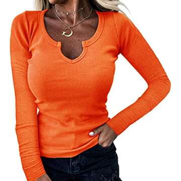 Roselux Women V Neck Ribbed Long Sleeve Shirt Fitted Basic Henley Knit Top Orange L