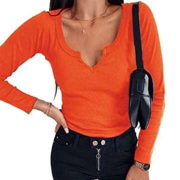 Roselux Women V Neck Ribbed Long Sleeve Shirt Fitted Basic Henley Knit Top Orange L